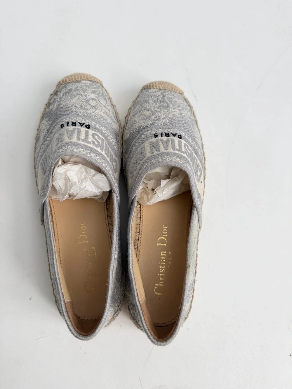 Christian Dior Granville Embroidered Gray Espadrille Flats 37 quiet luxury vac